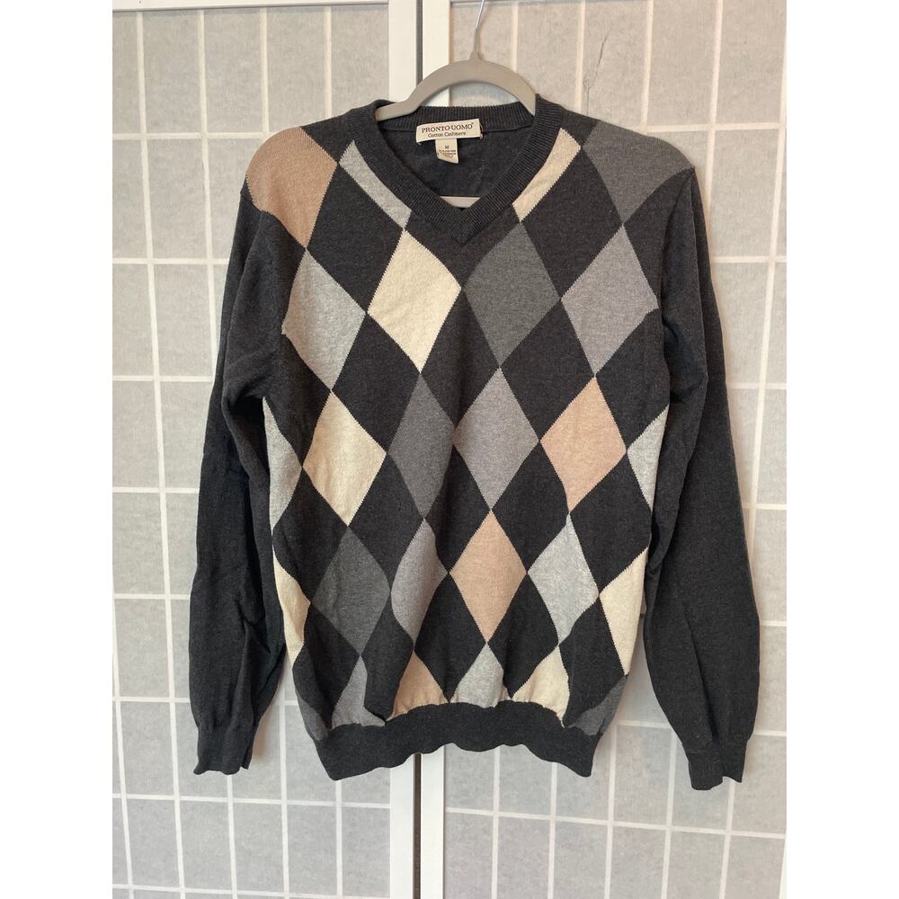 Pronto Uomo Cotton Cashmere Argyle V-Neck Sweater Classic Preppy Golf Old Money
